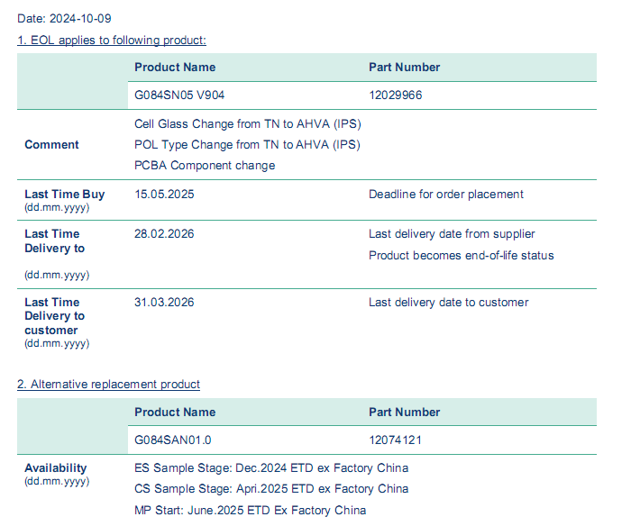 G084SN05 V904  Product End of Life Notification (EOL) 