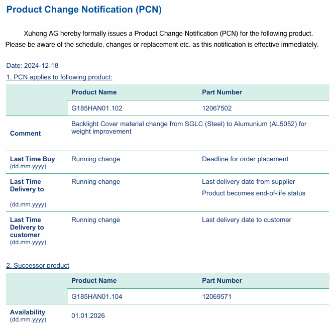 G185HAN01.102 Product ChangeG185HAN01.104 Notification (PCN)