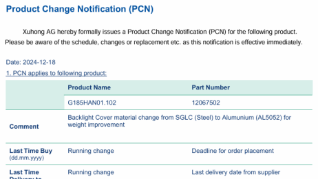 G185HAN01.102 Product ChangeG185HAN01.104 Notification (PCN)